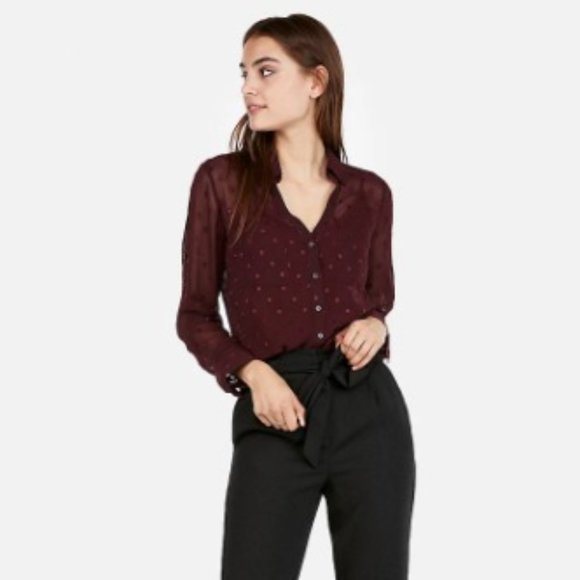 Express Women's Wine Red Slim Dotted Sheer Roll Tab Sleeve Portofino Shirt S/P - Picture 2 of 15